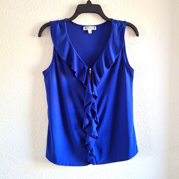 Blue Vneck Ruffle Zip Sleeveless Top Small 🔷️ - Picture 4 of 5
